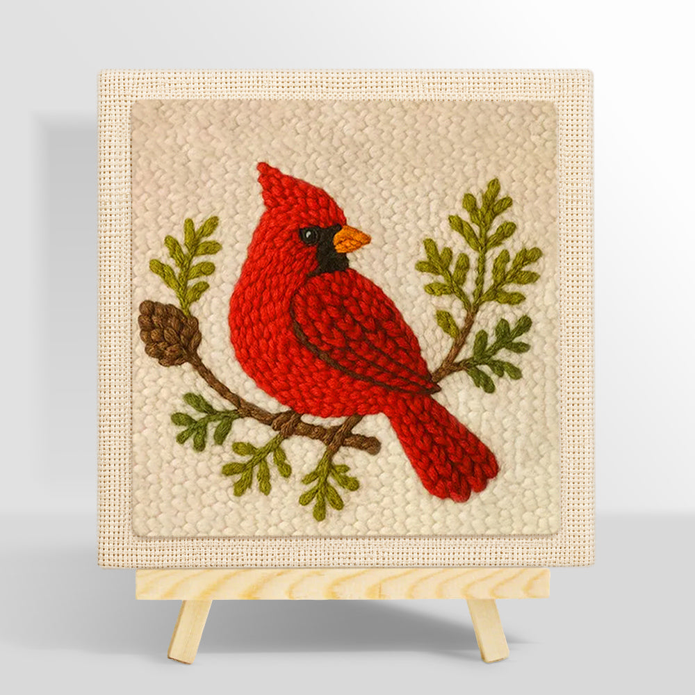 Red cardinal on a branch punch needle kit for beginners