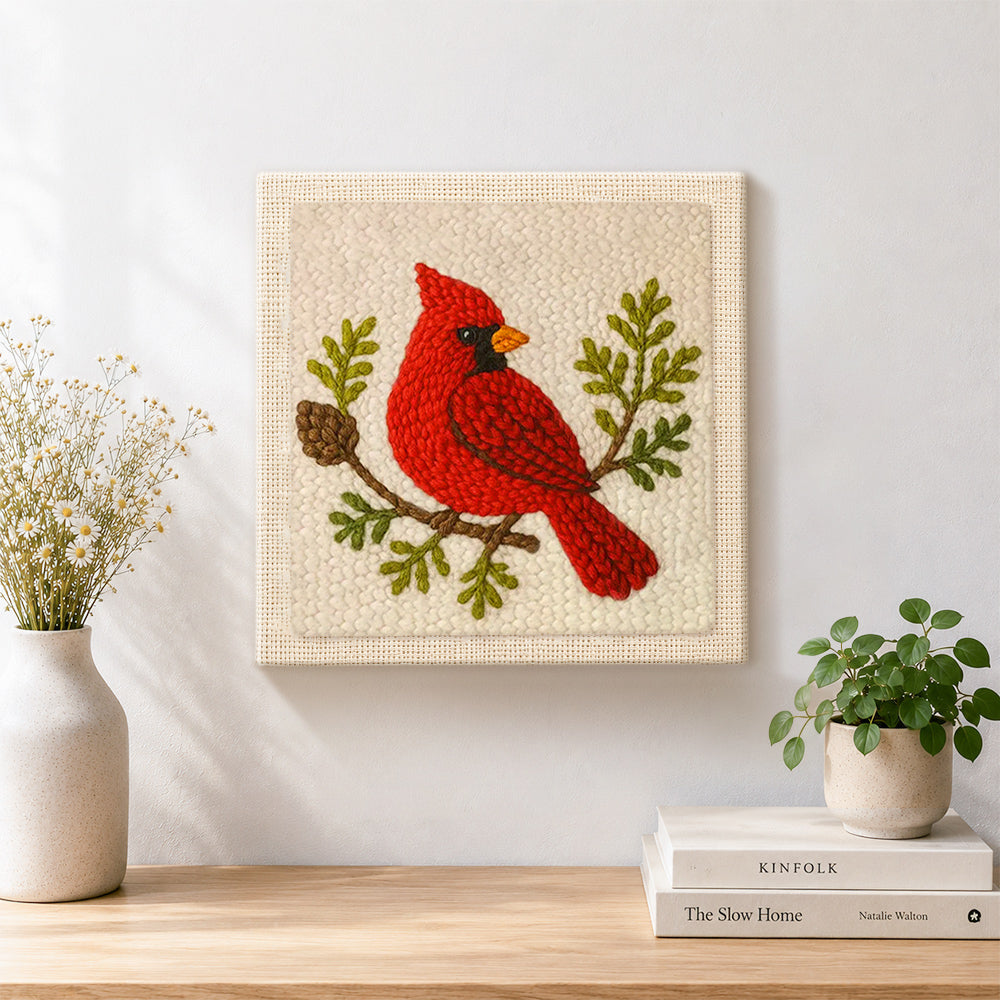 Finished red cardinal on a branch artwork displayed on a wall