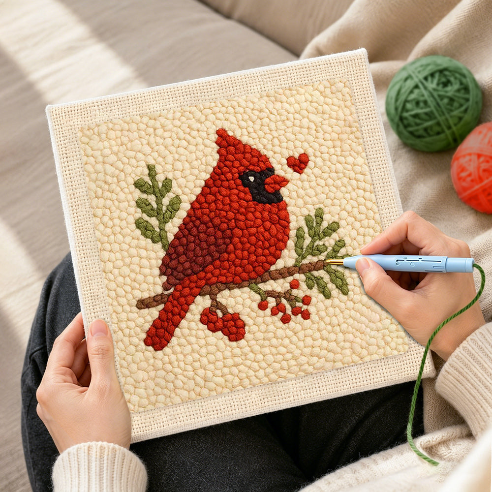 Creating handmade red cardinal with heart punch needle artwork