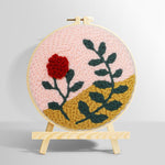 Red flower and green leaves punch needle kit for beginners