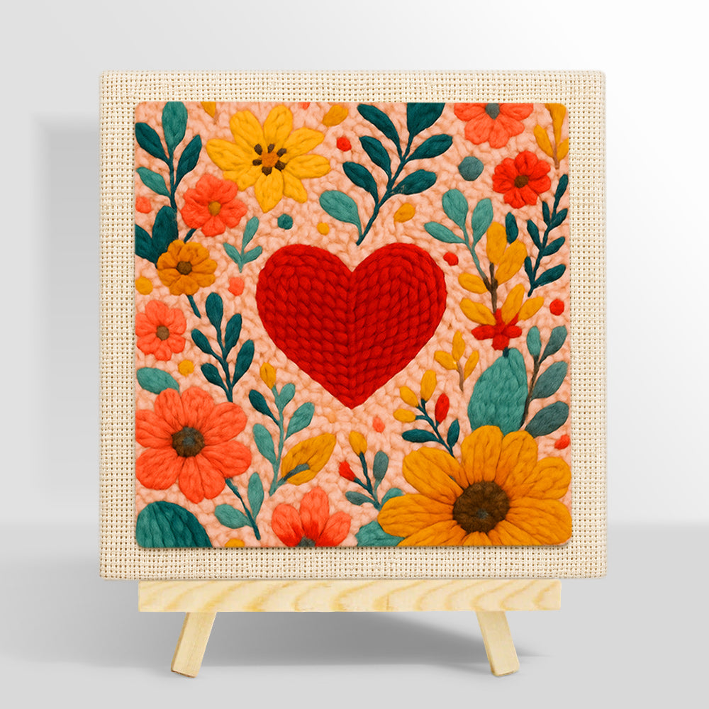 Red heart surrounded by colourful blooms punch needle kit for beginners
