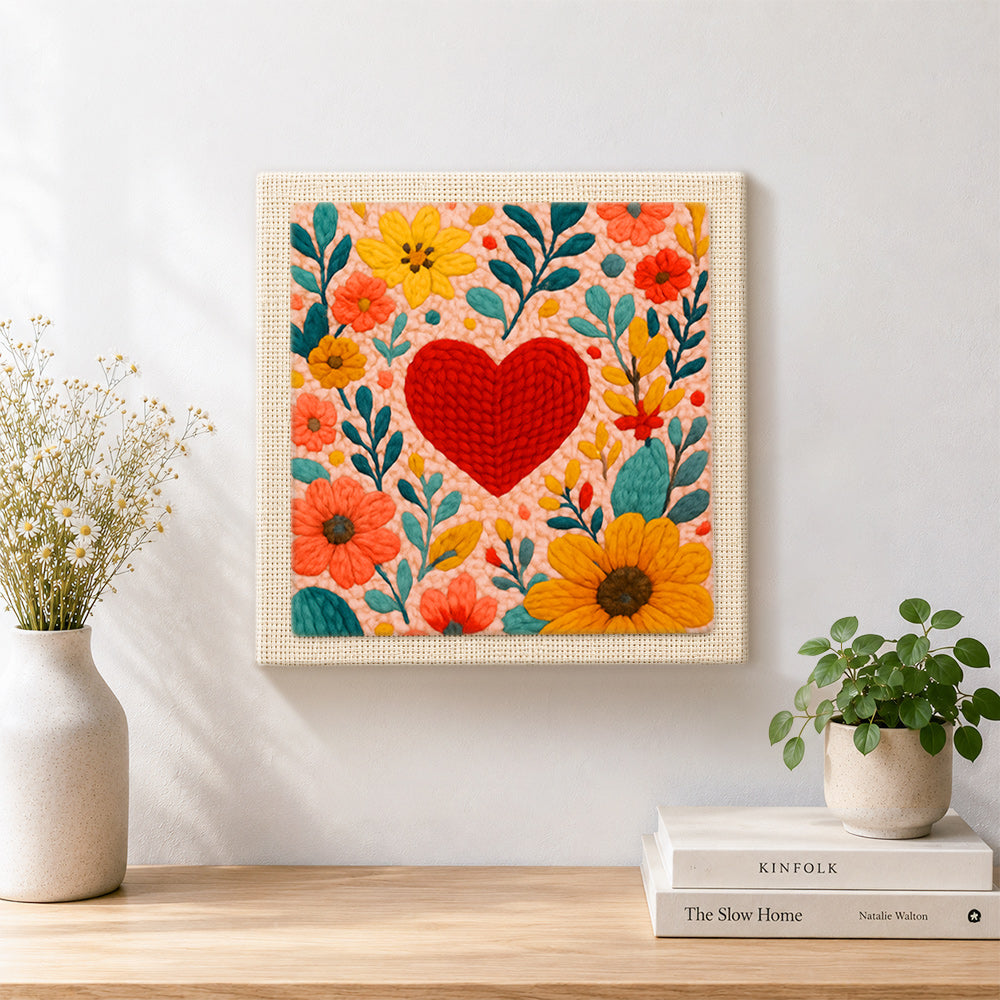 Finished red heart surrounded by colourful blooms artwork displayed on a wall