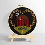Red house with “home” heart wreath punch needle kit for beginners