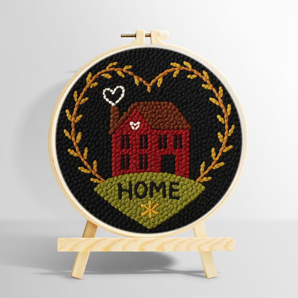 Red house with “home” heart wreath punch needle kit for beginners