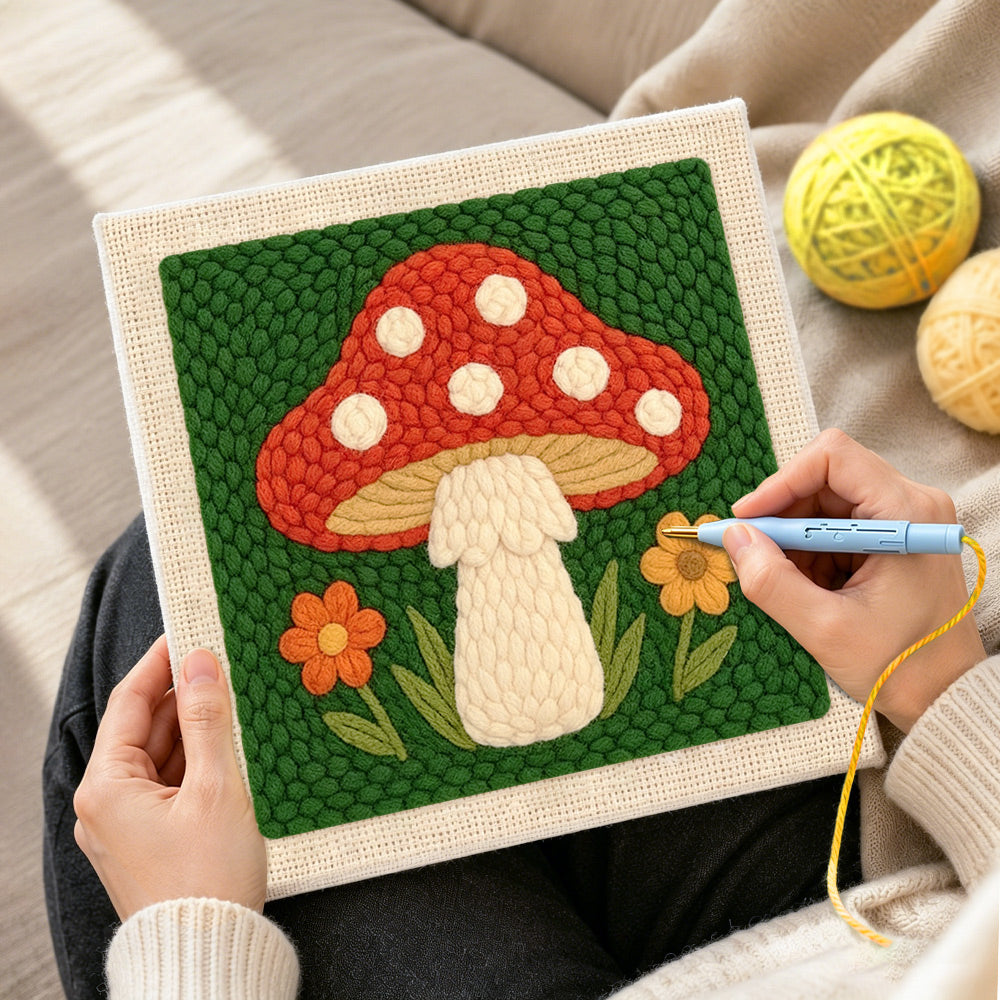 Creating handmade red mushroom with white spots punch needle artwork