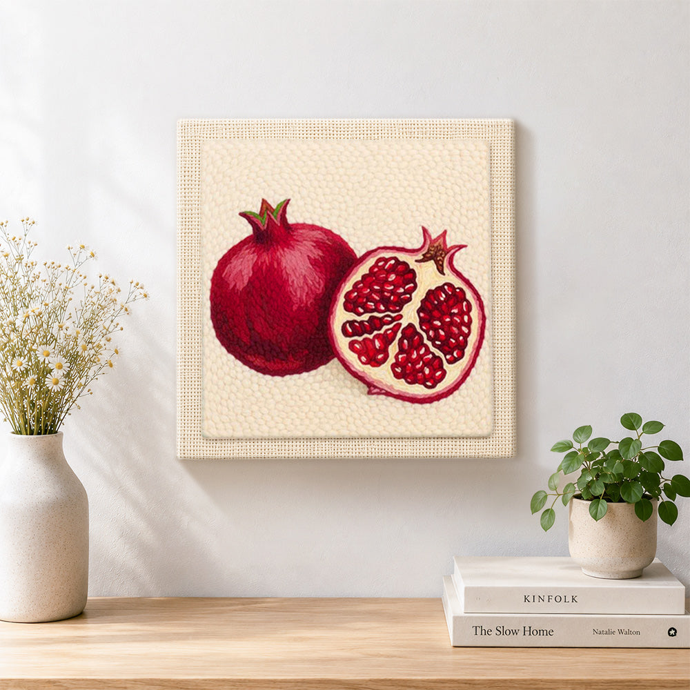 Finished red pomegranate artwork displayed on a wall