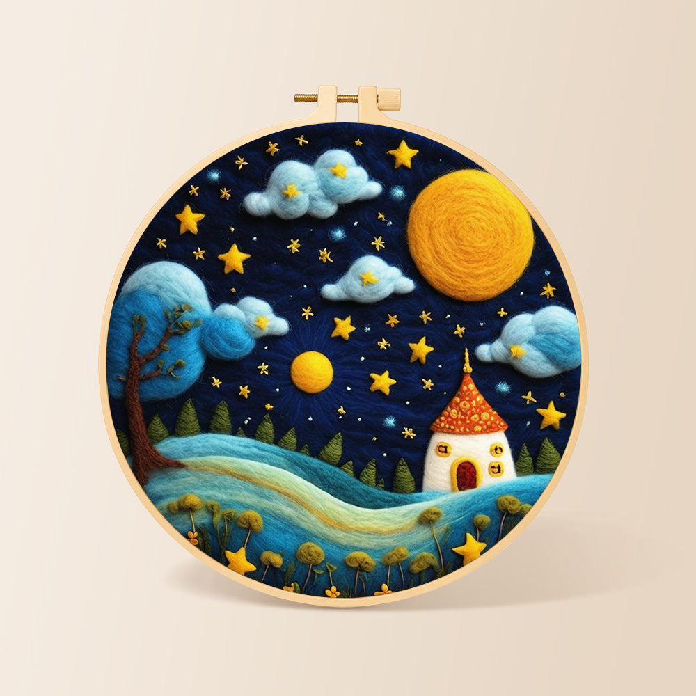 Red-roof fairy house under the magical night sky needle felting kit for beginners with a round wooden frame