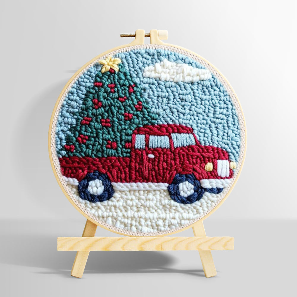 Red truck hauling christmas tree punch needle kit for beginners