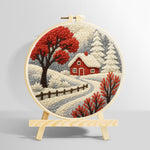 Red winter tree and snowy cottage punch needle kit for beginners