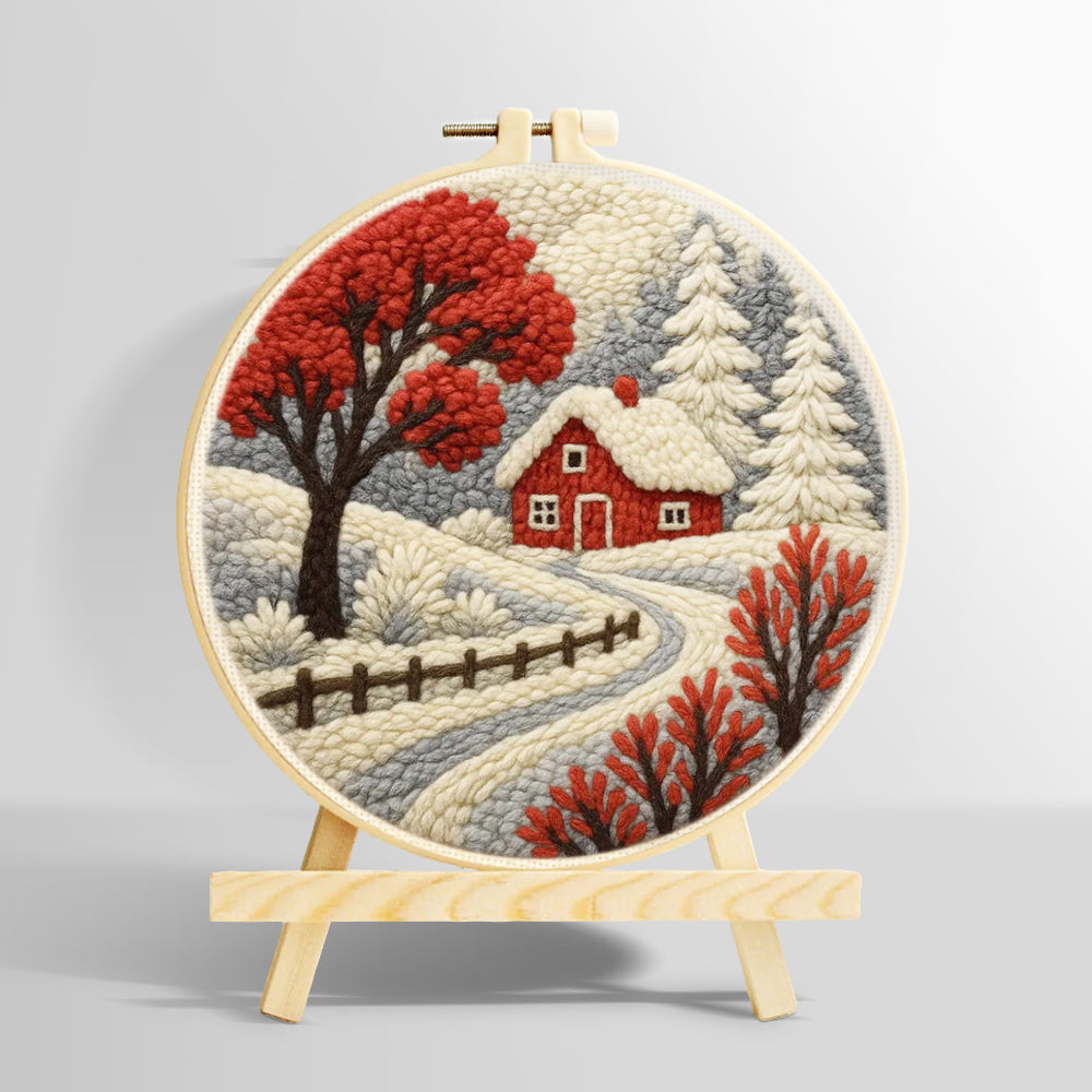 Red winter tree and snowy cottage punch needle kit for beginners