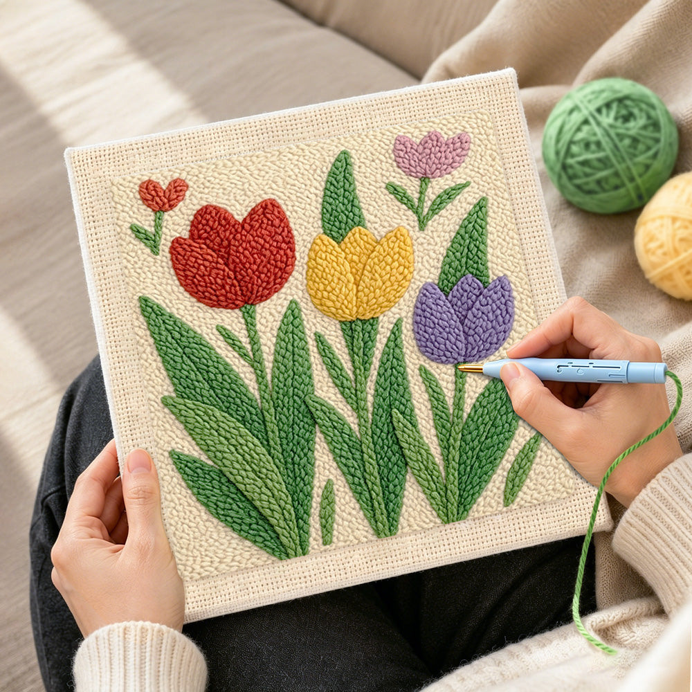 Creating handmade red, yellow and purple tulip flowers punch needle artwork