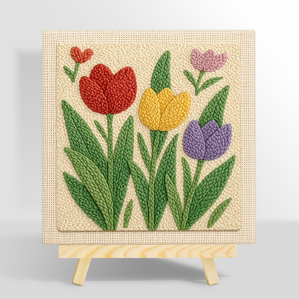 Red, yellow and purple tulip flowers punch needle kit for beginners