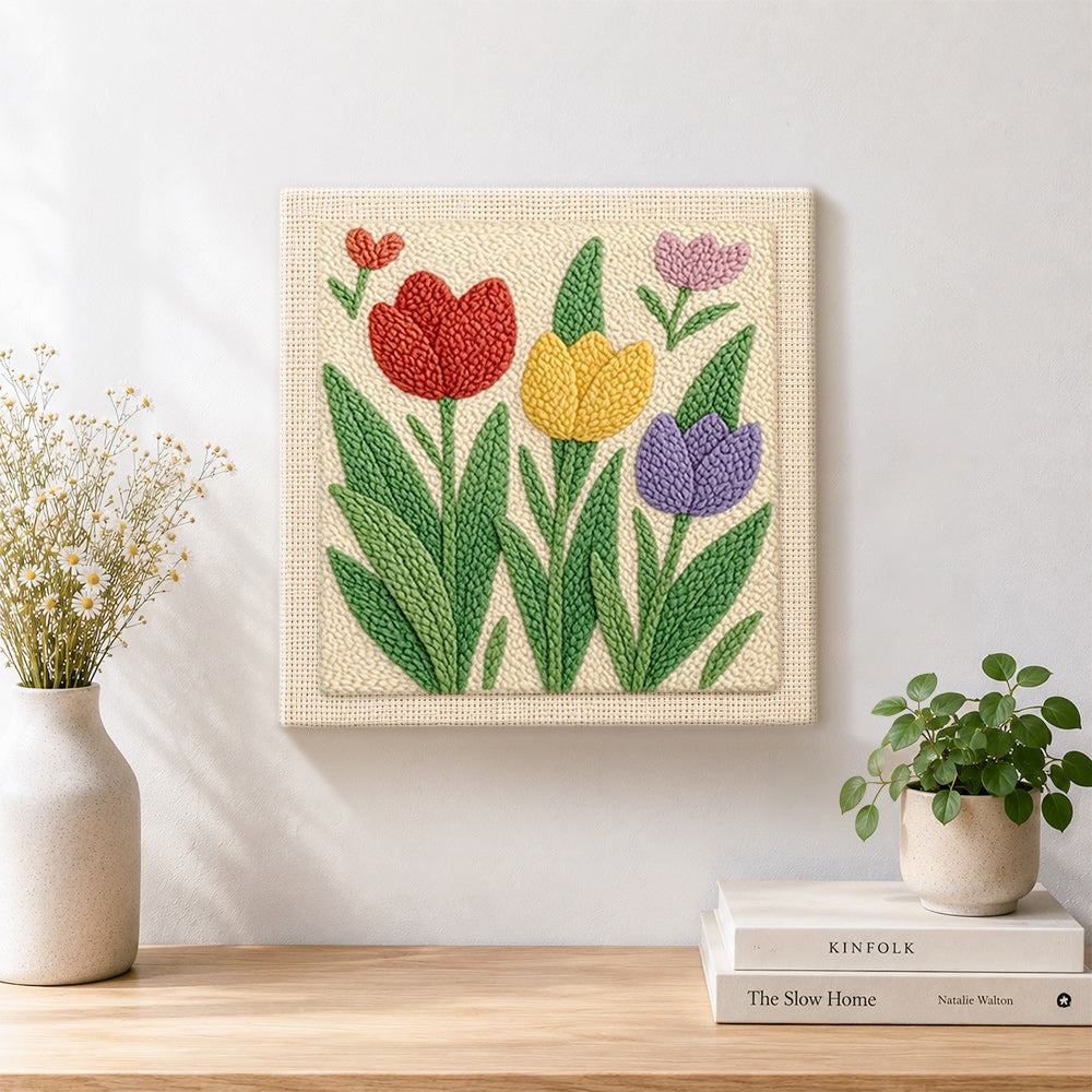 Finished red, yellow and purple tulip flowers artwork displayed on a wall