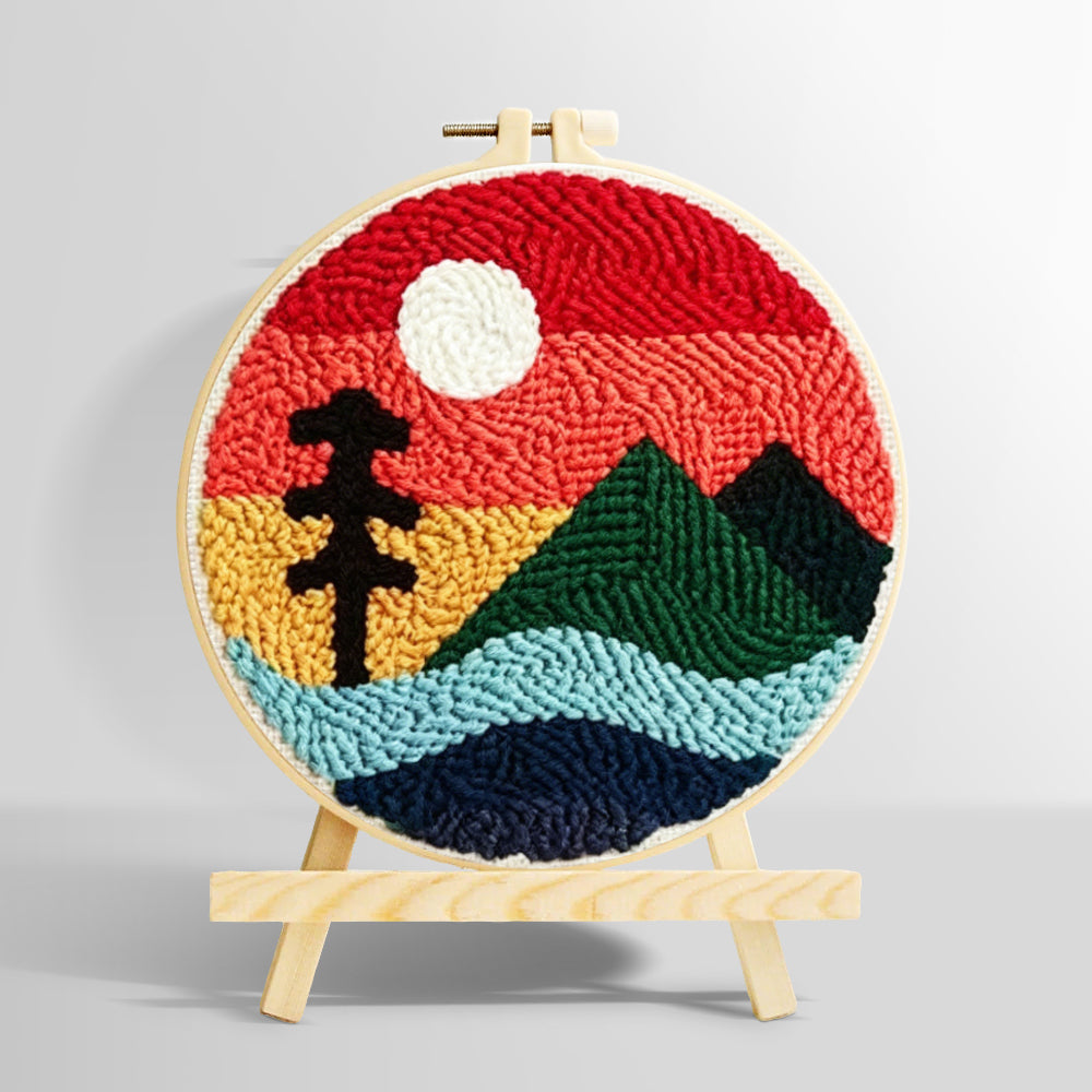 Ree and green mountain under red sky punch needle kit for beginners