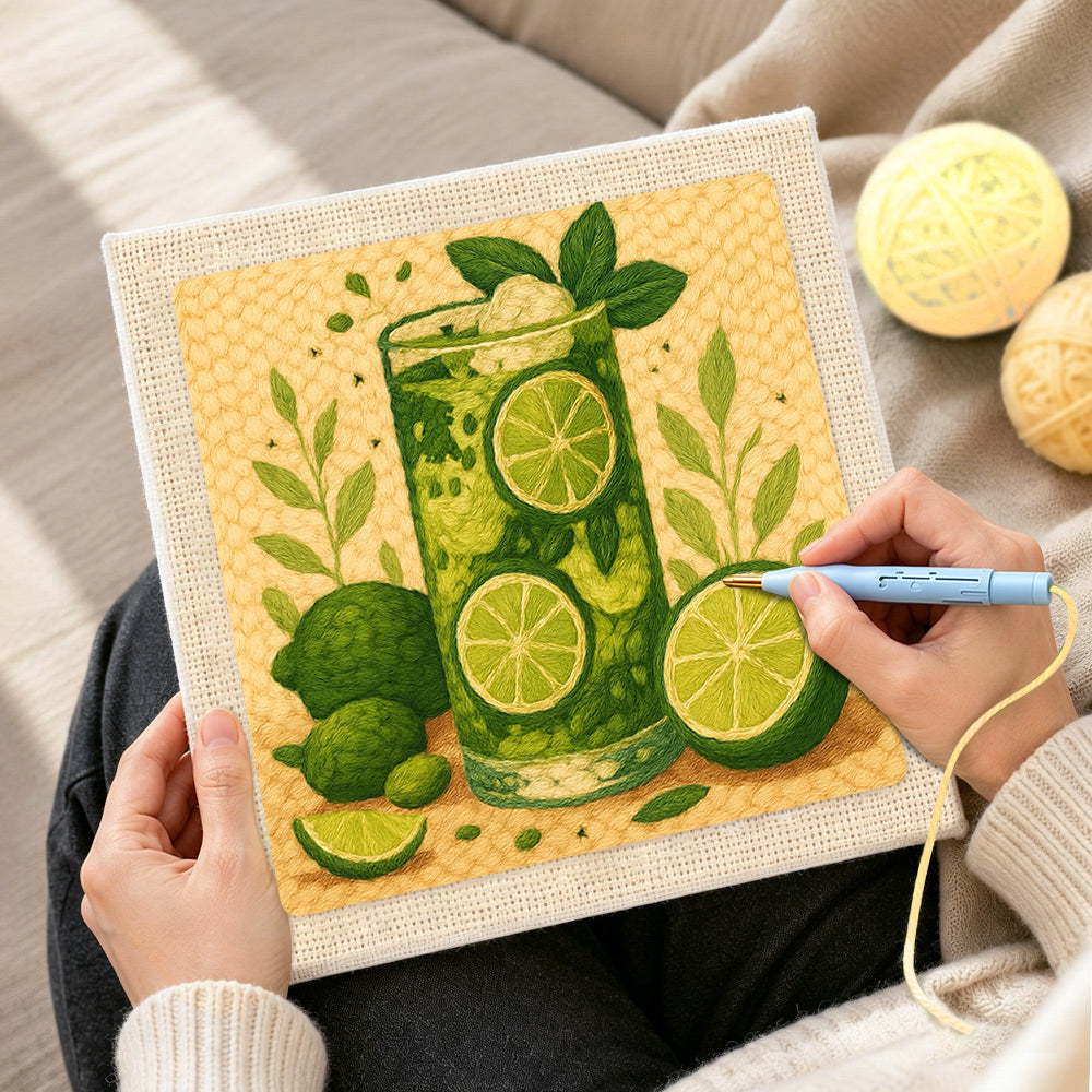 Creating handmade refreshing lime green cocktail punch needle artwork