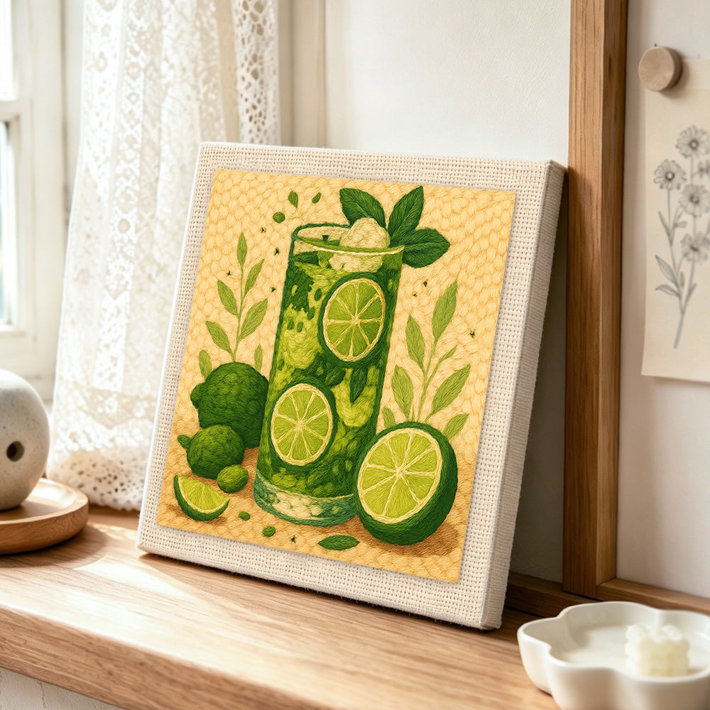 Refreshing lime green cocktail punch needle artwork displayed on a table
