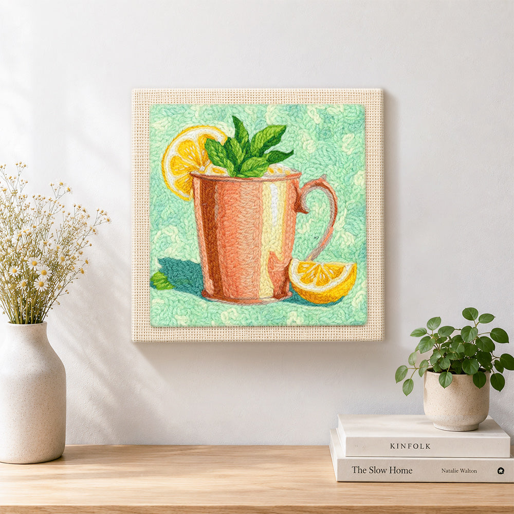 Finished refreshing mint and lemon drink artwork displayed on a wall