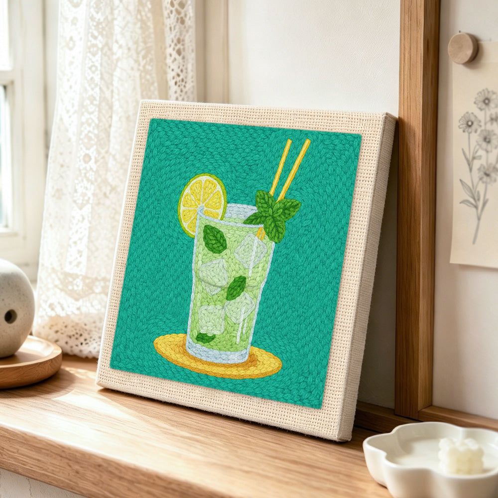 Refreshing mint lime cooler punch needle artwork displayed on a table