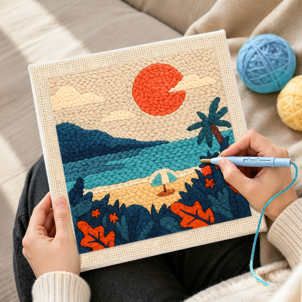 Creating handmade relaxing seaside retreat punch needle artwork
