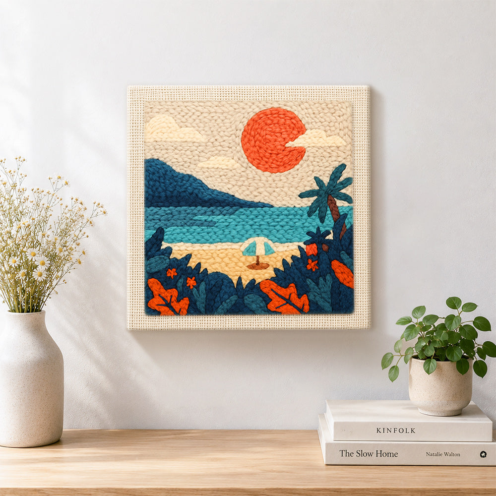 Finished relaxing seaside retreat artwork displayed on a wall