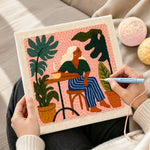 Creating handmade relaxing woman and houseplants punch needle artwork