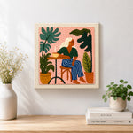 Finished relaxing woman and houseplants artwork displayed on a wall