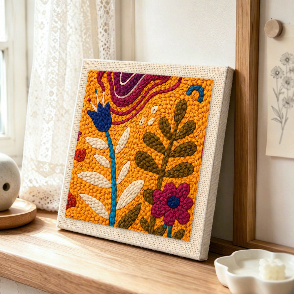 Retro abstract floral punch needle artwork displayed on a table