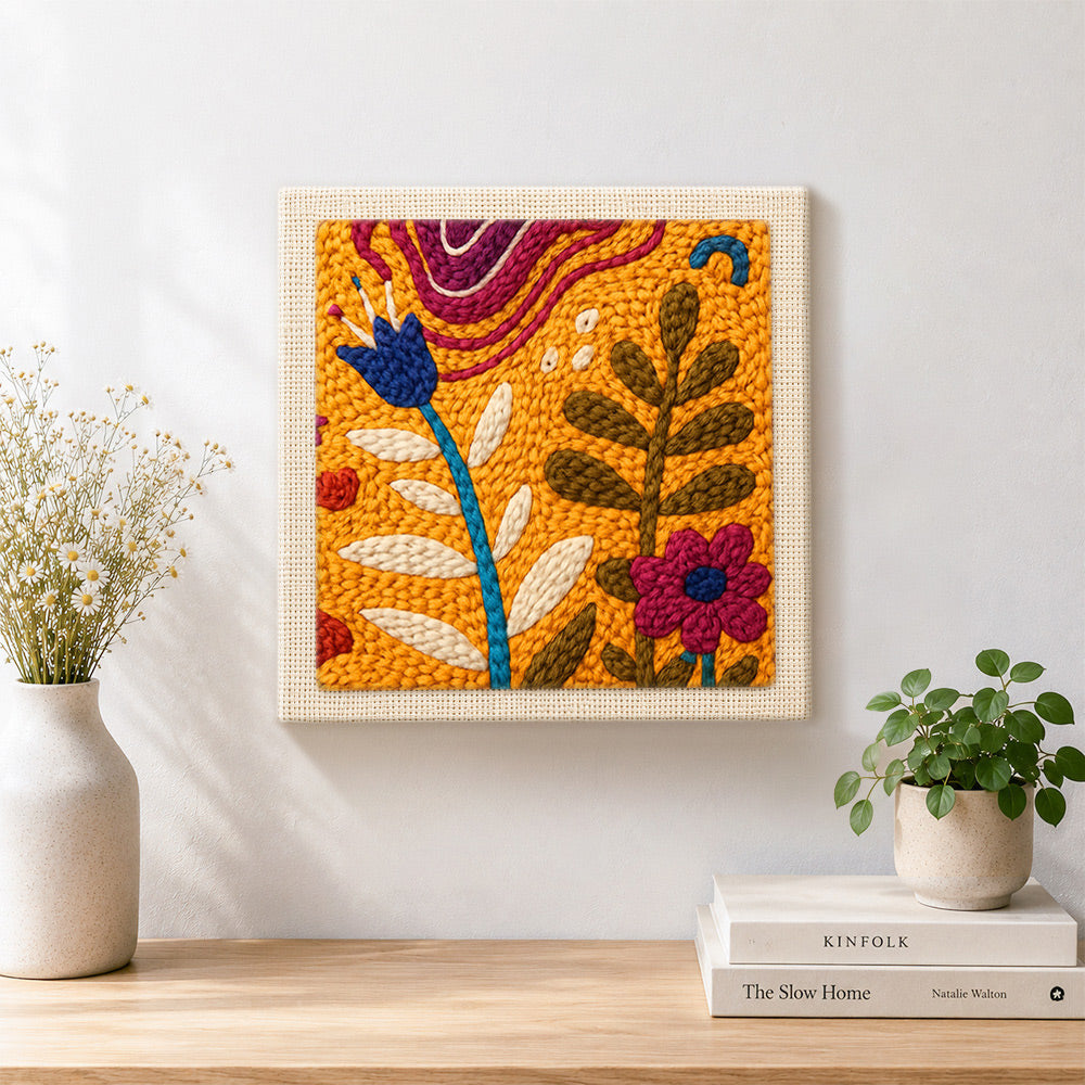 Finished retro abstract floral artwork displayed on a wall