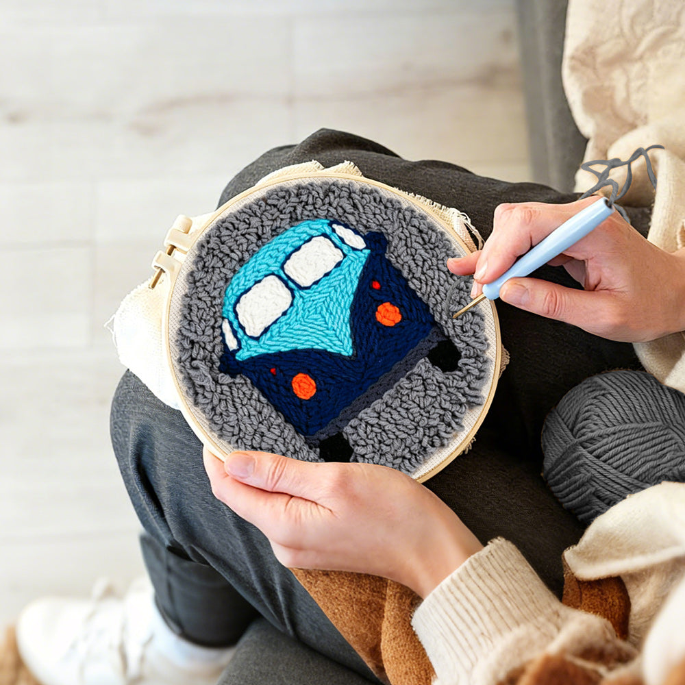Creating handmade retro blue campervan punch needle artwork