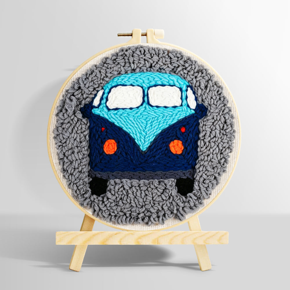 Retro blue campervan punch needle kit for beginners
