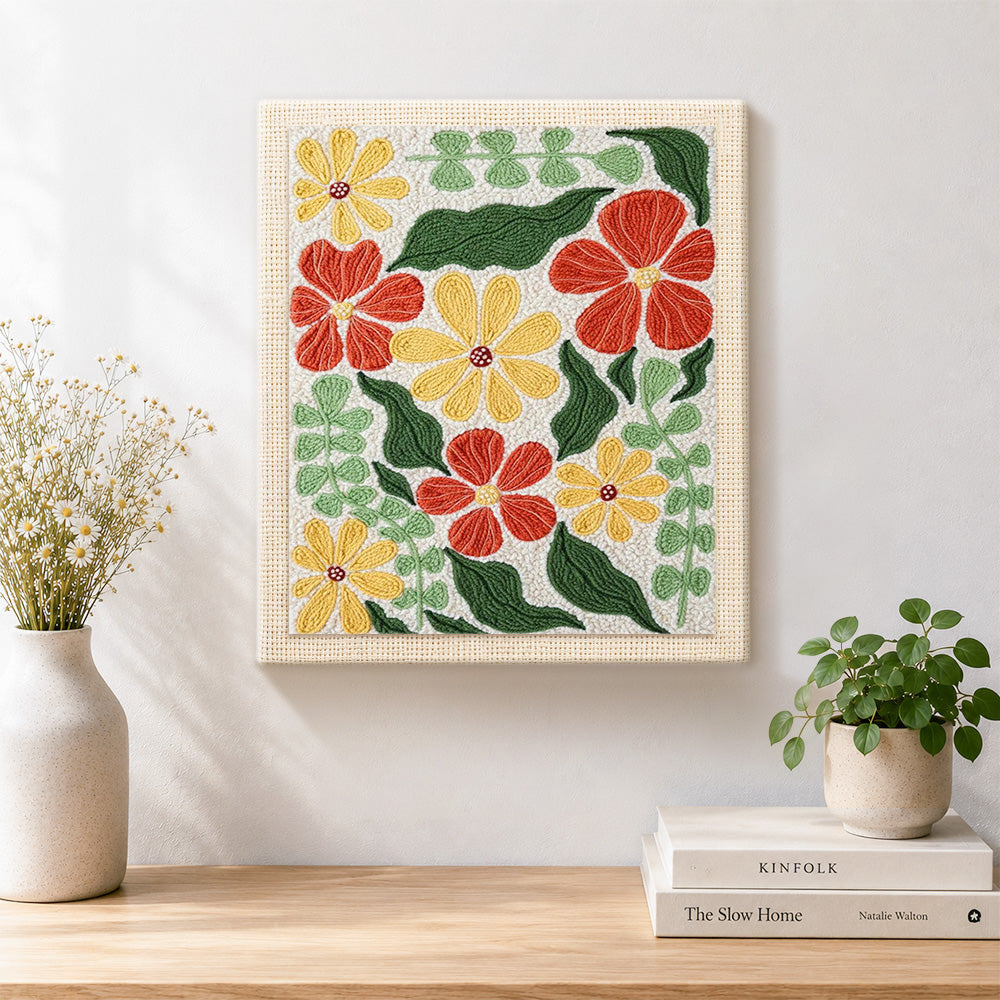 Finished retro ditsy botanical artwork displayed on a wall