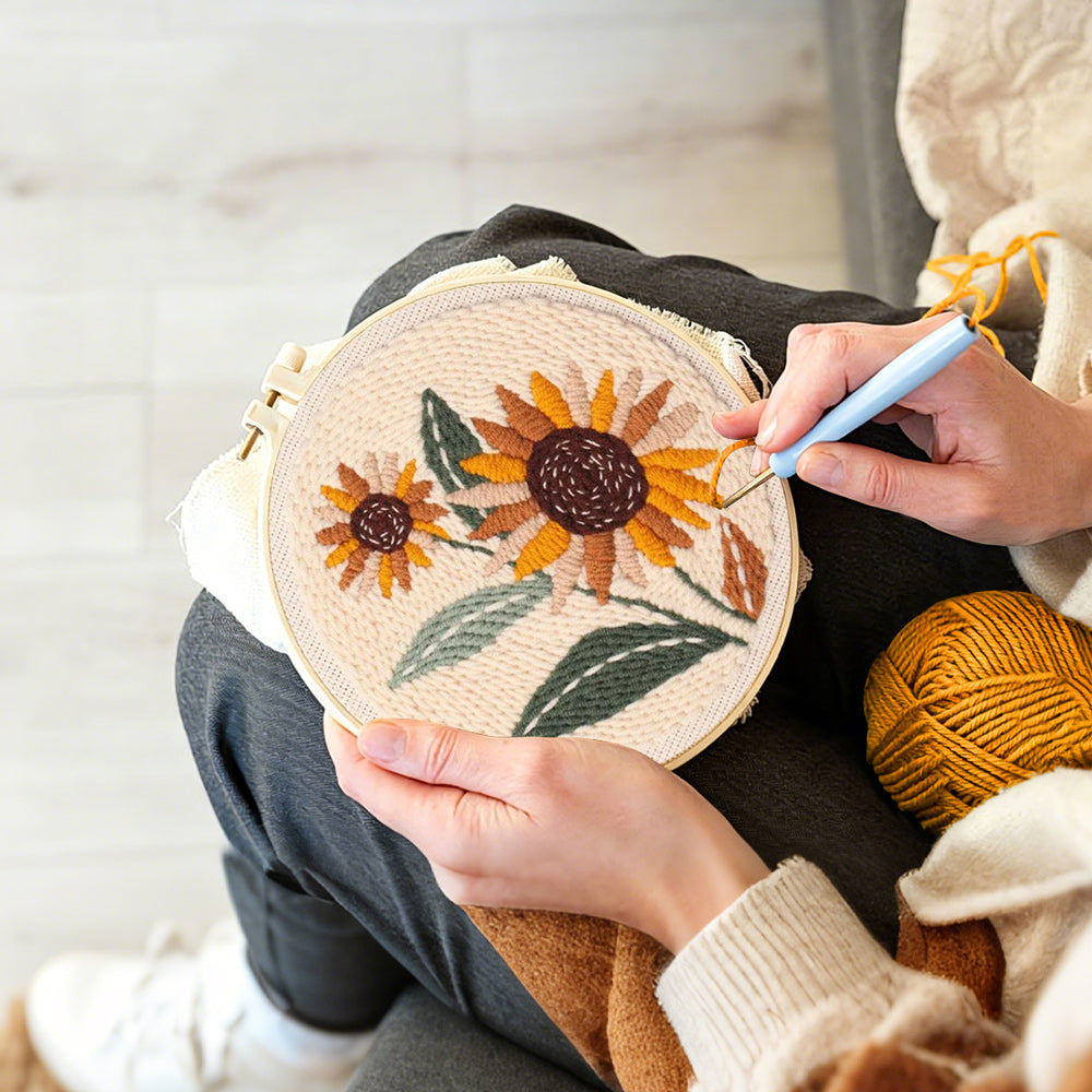 Creating handmade retro earth tone sunflowers punch needle artwork