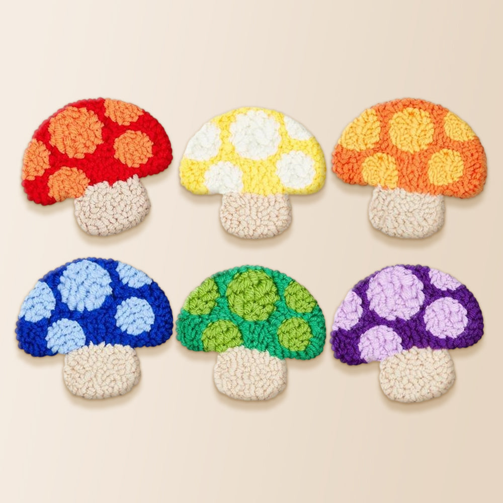 Retro polka dot mushrooms punch needle coaster kit finished handmade coasters