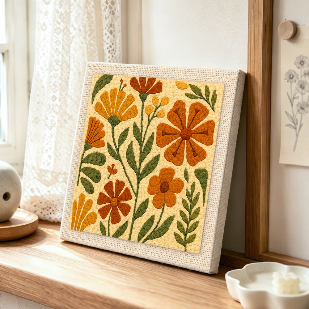 Retro wildflowers punch needle artwork displayed on a table