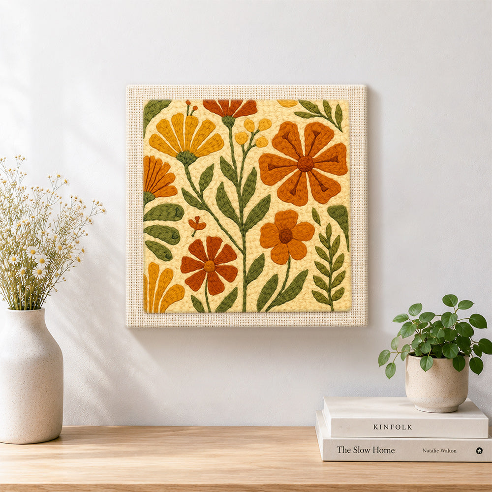 Finished retro wildflowers artwork displayed on a wall