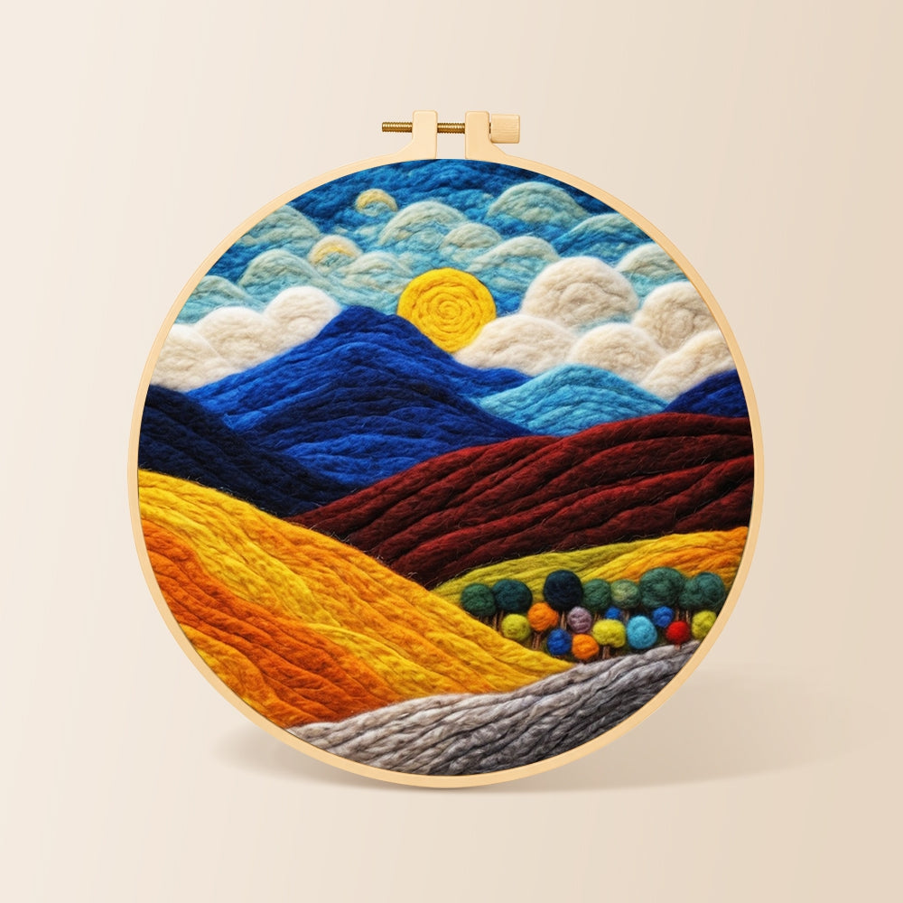 Rich autumn mountain scene needle felting kit for beginners with a round wooden frame