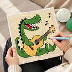 Creating handmade rockstar crocodile playing guitar punch needle artwork