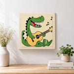 Finished rockstar crocodile playing guitar artwork displayed on a wall