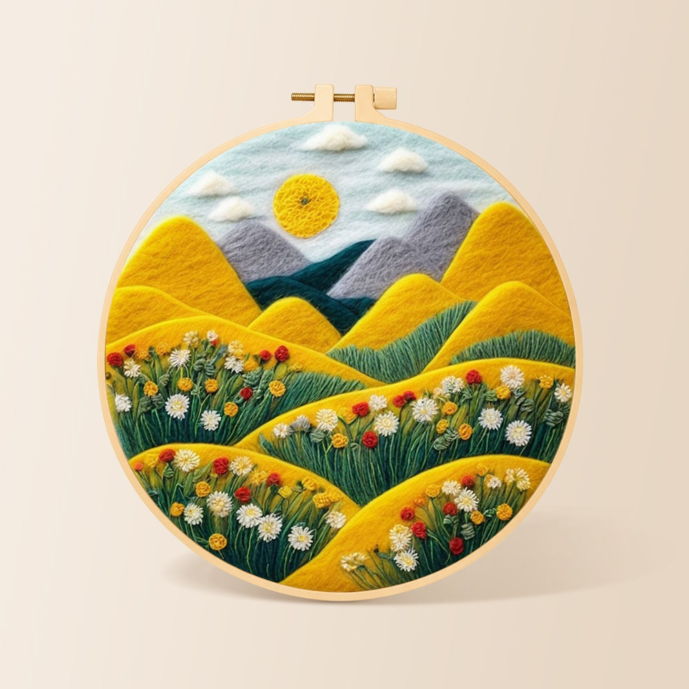 Rolling golden hills and daisies needle felting kit for beginners with a round wooden frame