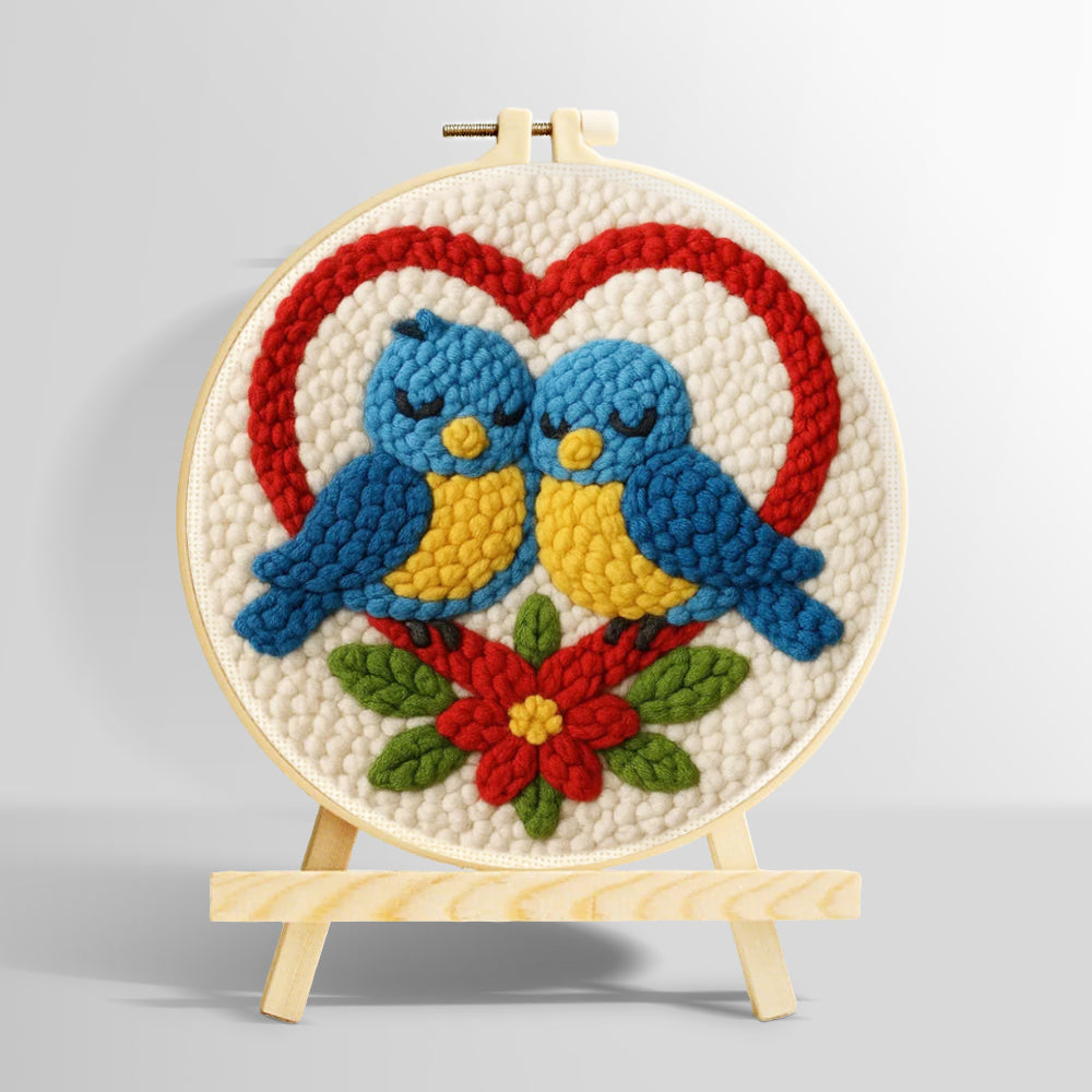 Romantic blue lovebirds punch needle kit for beginners