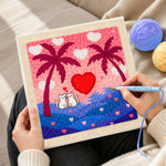 Creating handmade romantic cat couple, heart sunset and palm trees punch needle artwork