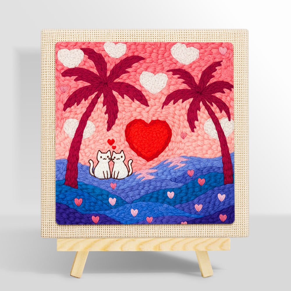 Romantic cat couple, heart sunset and palm trees punch needle kit for beginners