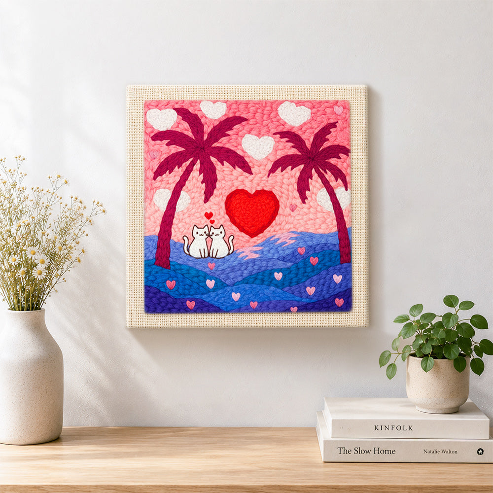 Finished romantic cat couple, heart sunset and palm trees artwork displayed on a wall