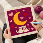 Creating handmade romantic cat couple under moonlit night punch needle artwork