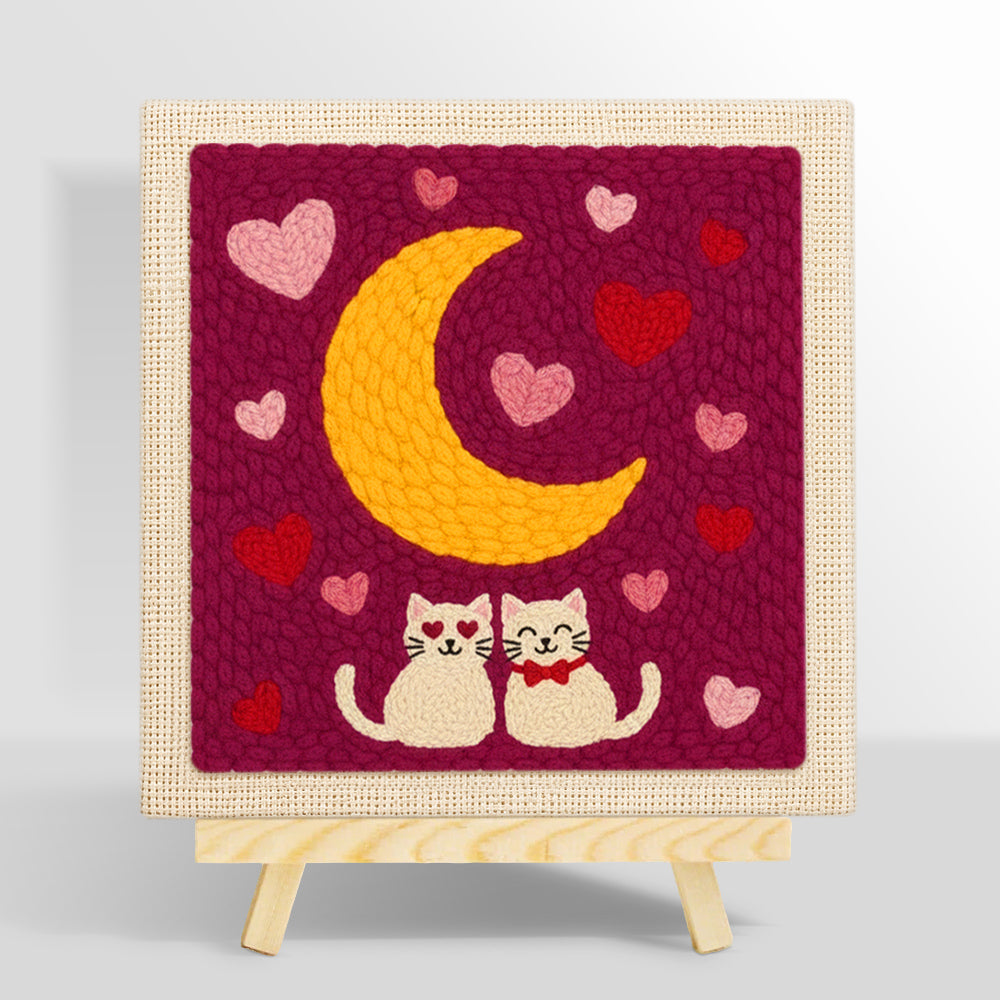 Romantic cat couple under moonlit night punch needle kit for beginners