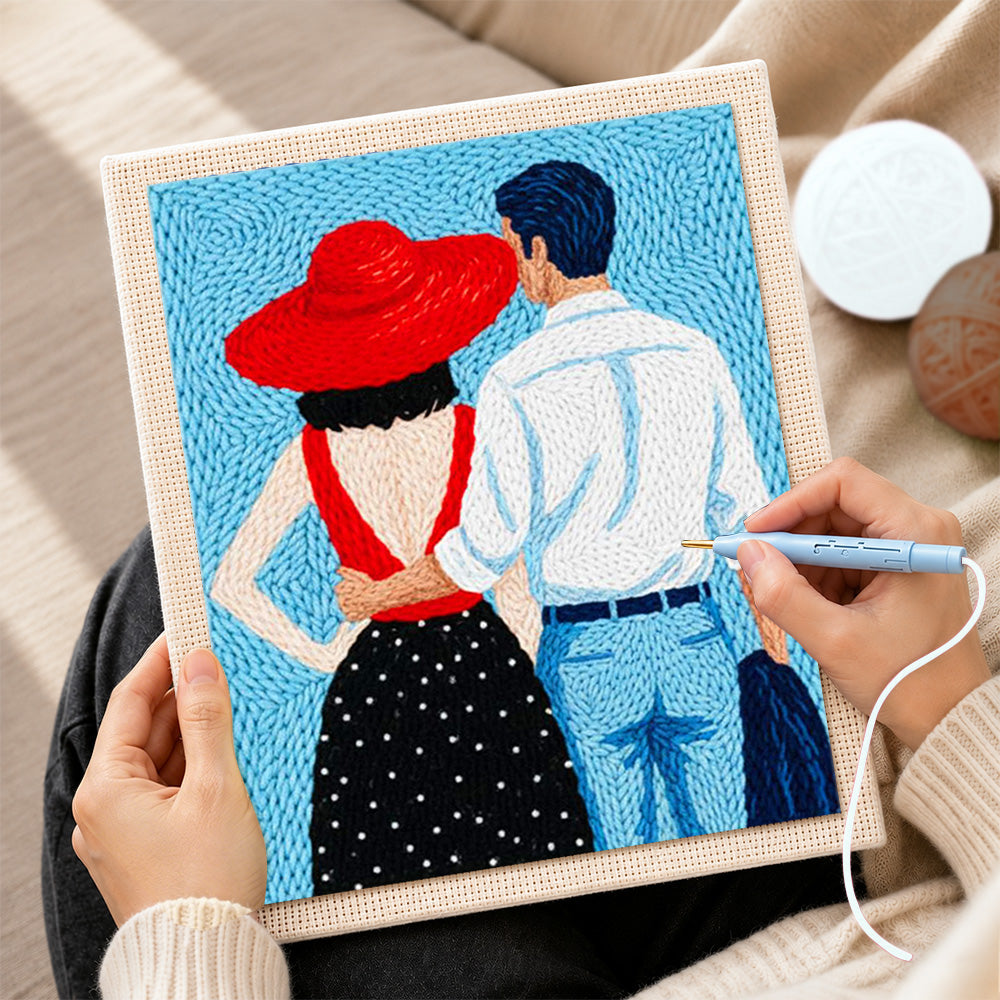 Creating handmade romantic couple back view punch needle artwork