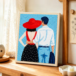 Romantic couple back view punch needle artwork displayed on a table