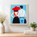 Finished romantic couple back view artwork displayed on a wall