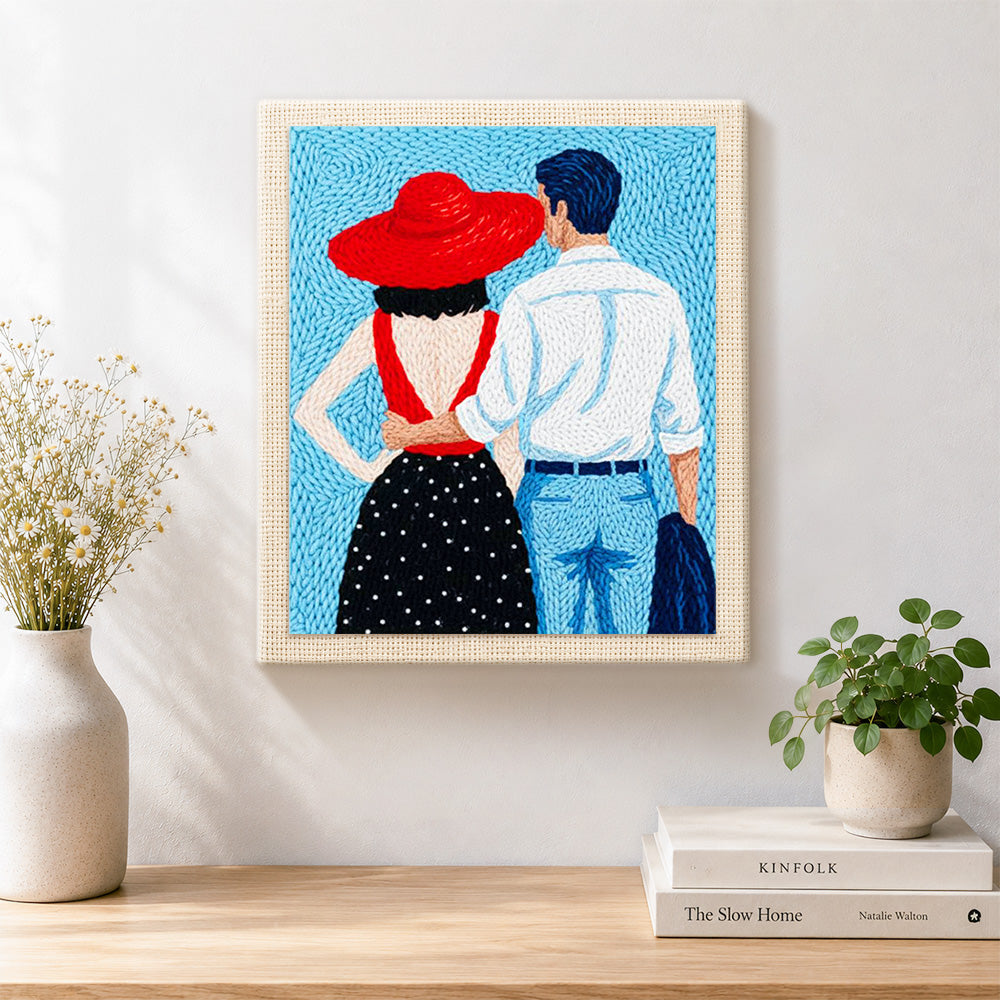 Finished romantic couple back view artwork displayed on a wall