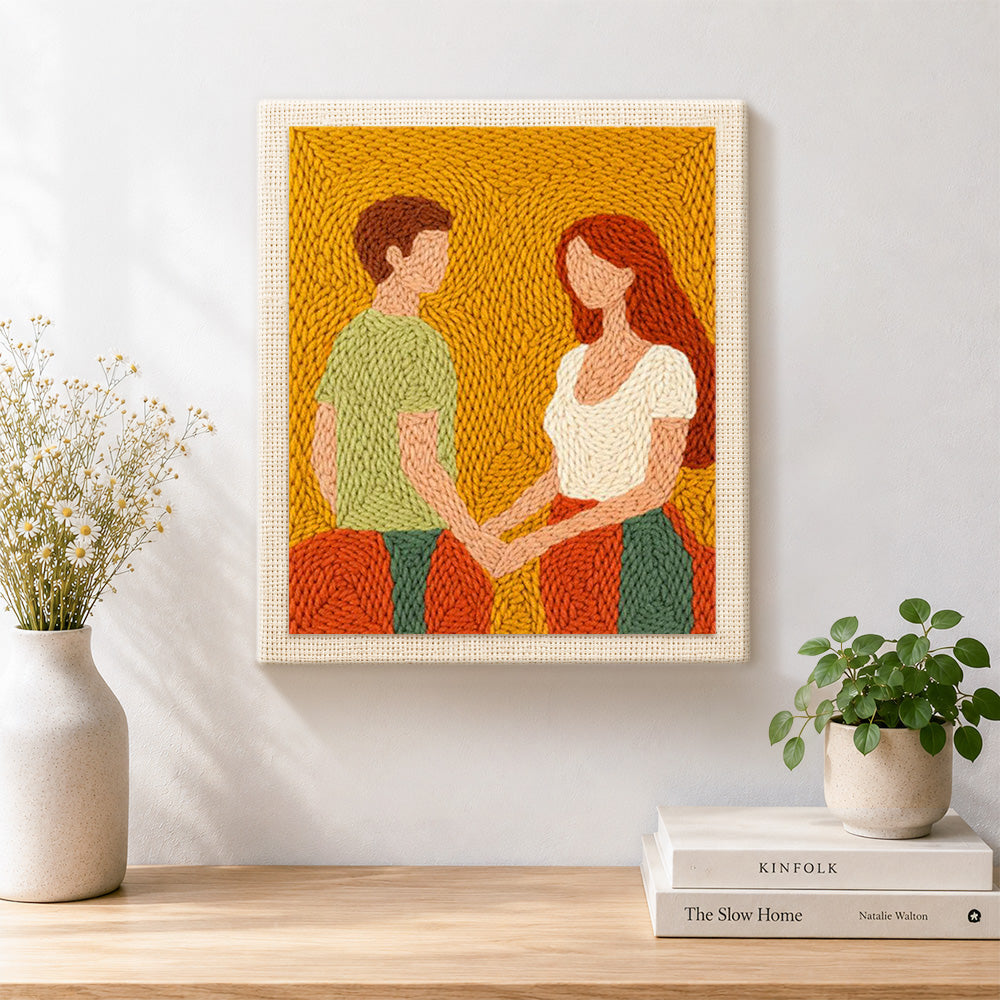 Finished romantic couple holding hands artwork displayed on a wall